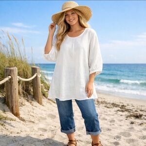 bryn Walker Cloud Dancer  Linen Lagenlook Hi Low Puff Sleeves Tunic Top Sz M